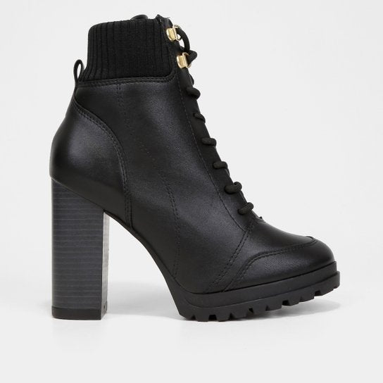 Bota Coturno Cano Curto Vizzano knit Salto Alto Grosso Feminina – Preto