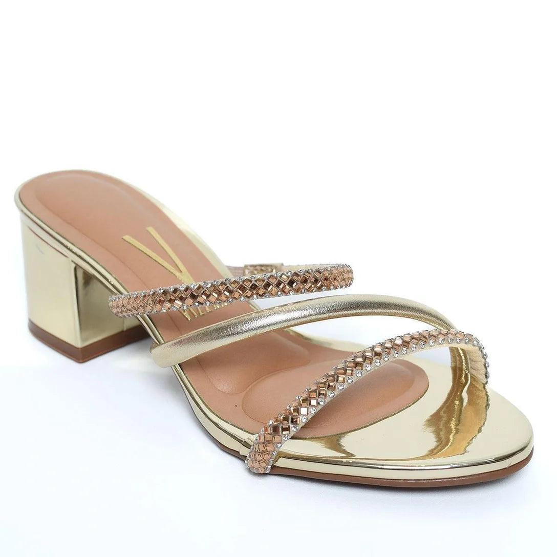 Tamanco Vizzano Salto Bloco Baixo Tiras Strass Feminino – Dourado - Imagem 2