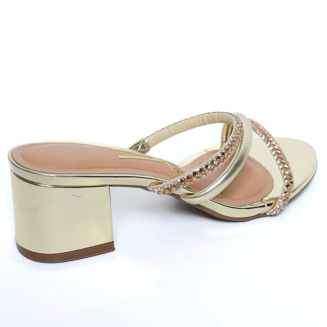 Tamanco Vizzano Salto Bloco Baixo Tiras Strass Feminino – Dourado - Imagem 3
