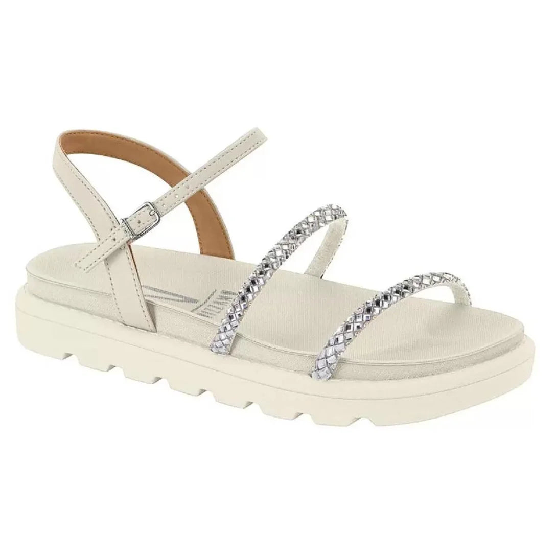 Sandália Rasteira Papete Feminina Strass Brilho Flat Tratorada Confortável – Off White