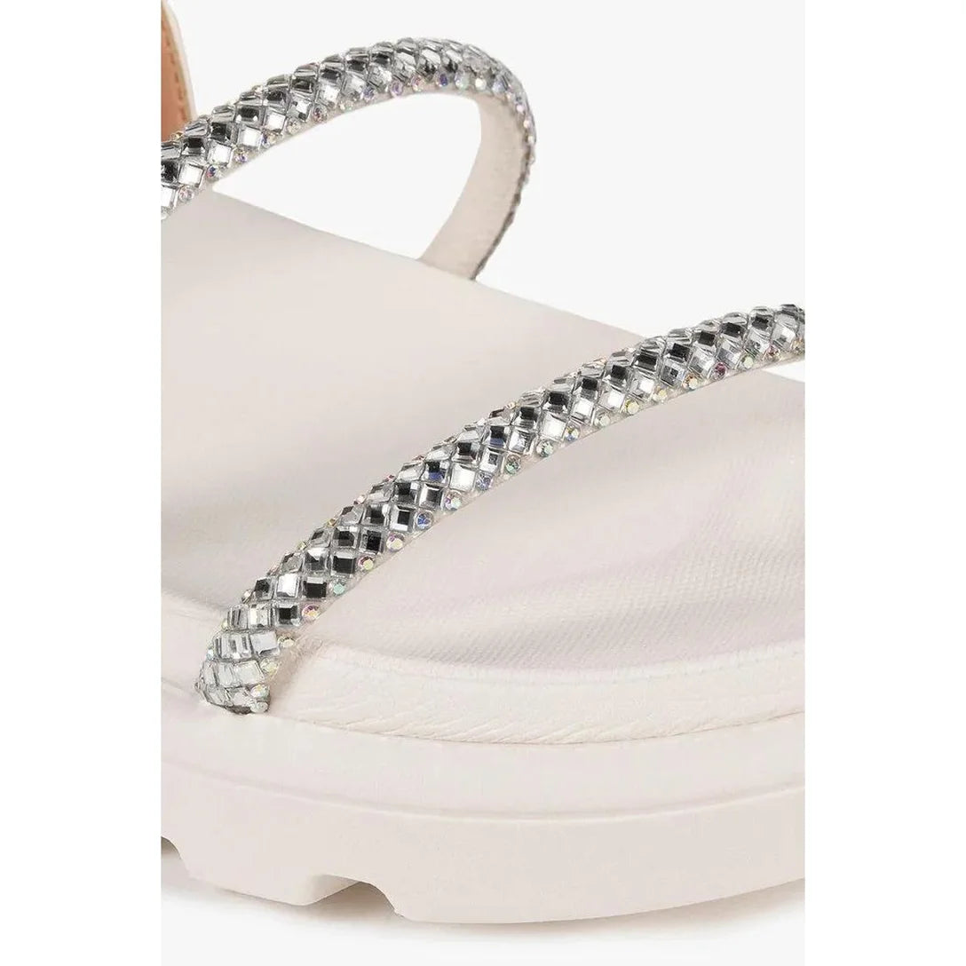 Sandália Rasteira Papete Feminina Strass Brilho Flat Tratorada Confortável – Off White - Imagem 4
