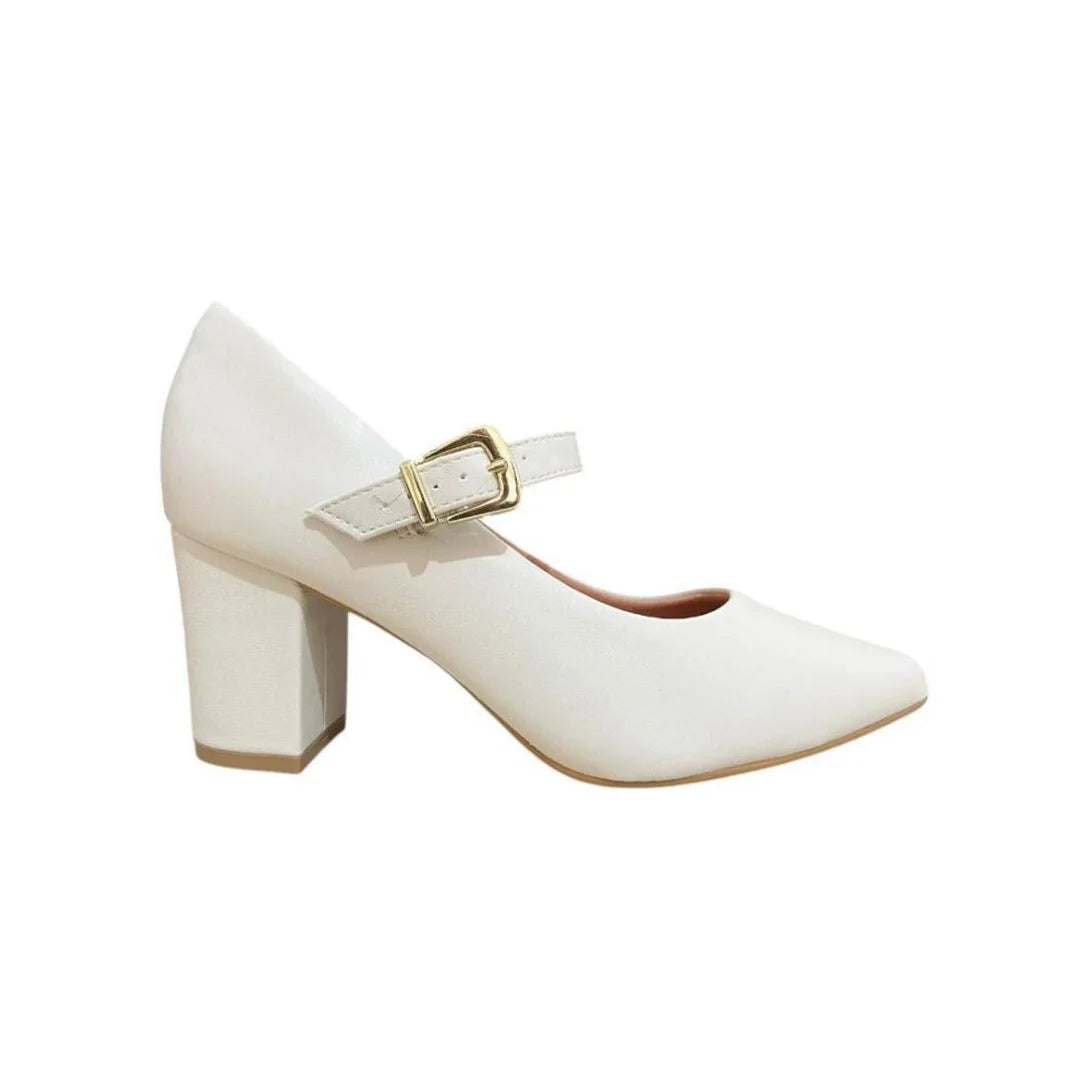 scarpin vizzano feminino salto 7,5 cm pelica fivela dourada – Branco